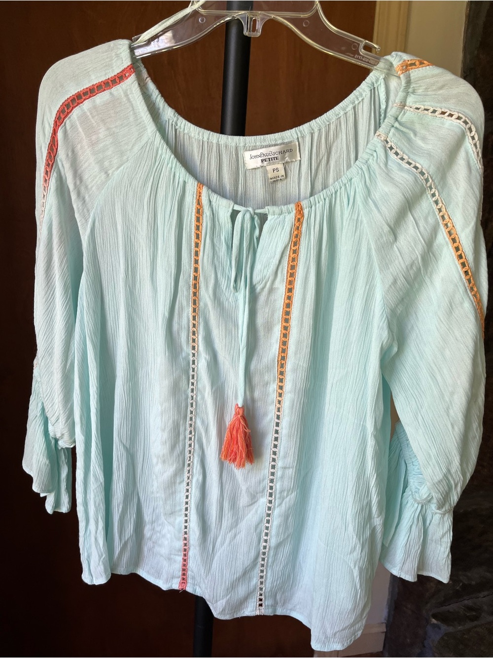 JohnPaulRichard Light Blue Peasant Blouse with Coral Trim